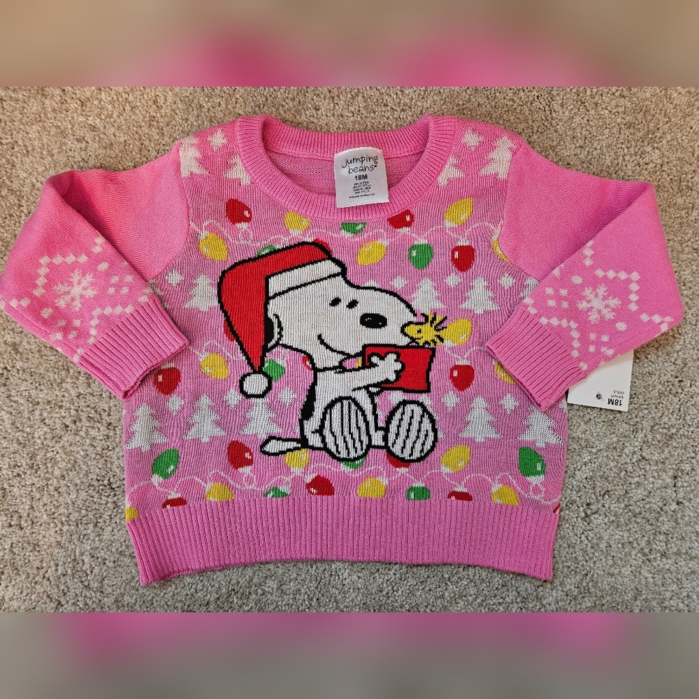 NWT Jumping Beans Peanuts Woodstock & Snoopy Pink Christmas Sweater 18 months